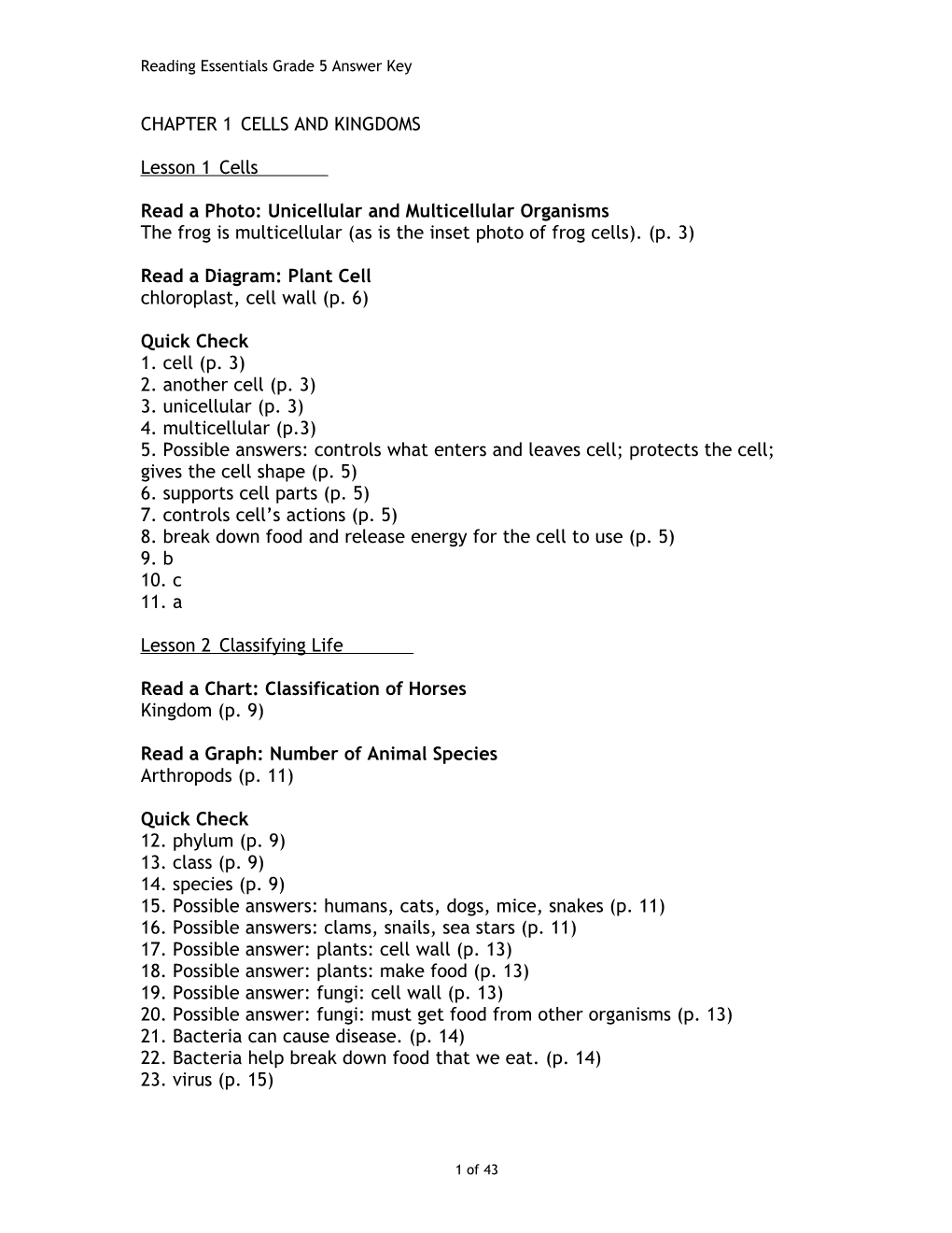 Reading Essentials Grade 5 Answer Key