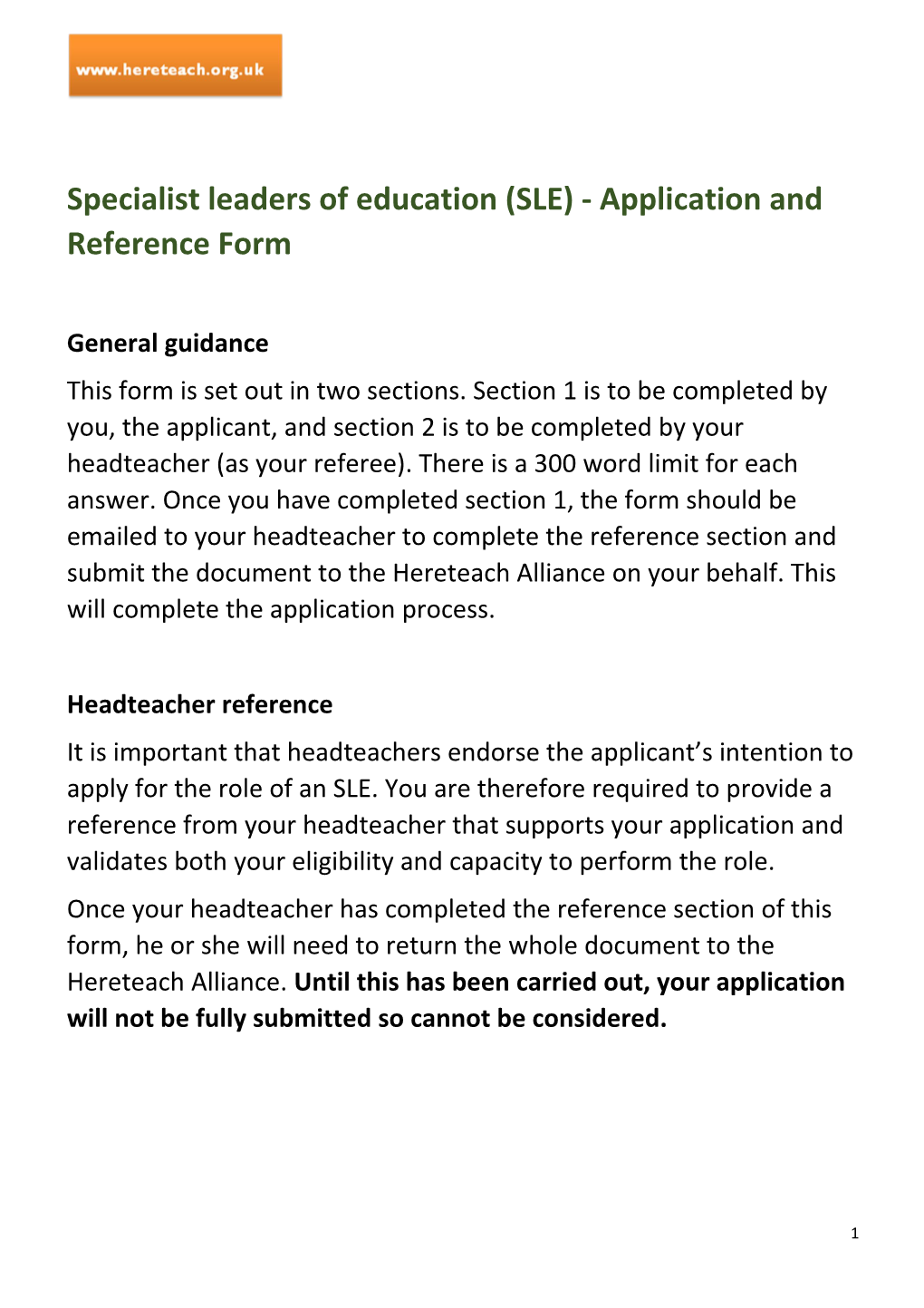 Specialist Leaders of Education (SLE) - Application and Reference Form