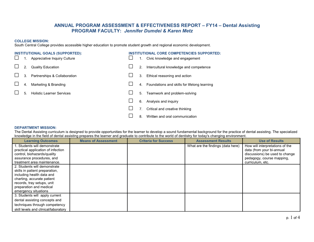 ANNUAL PROGRAMASSESSMENT & EFFECTIVENESS REPORT FY14 Dental Assisting