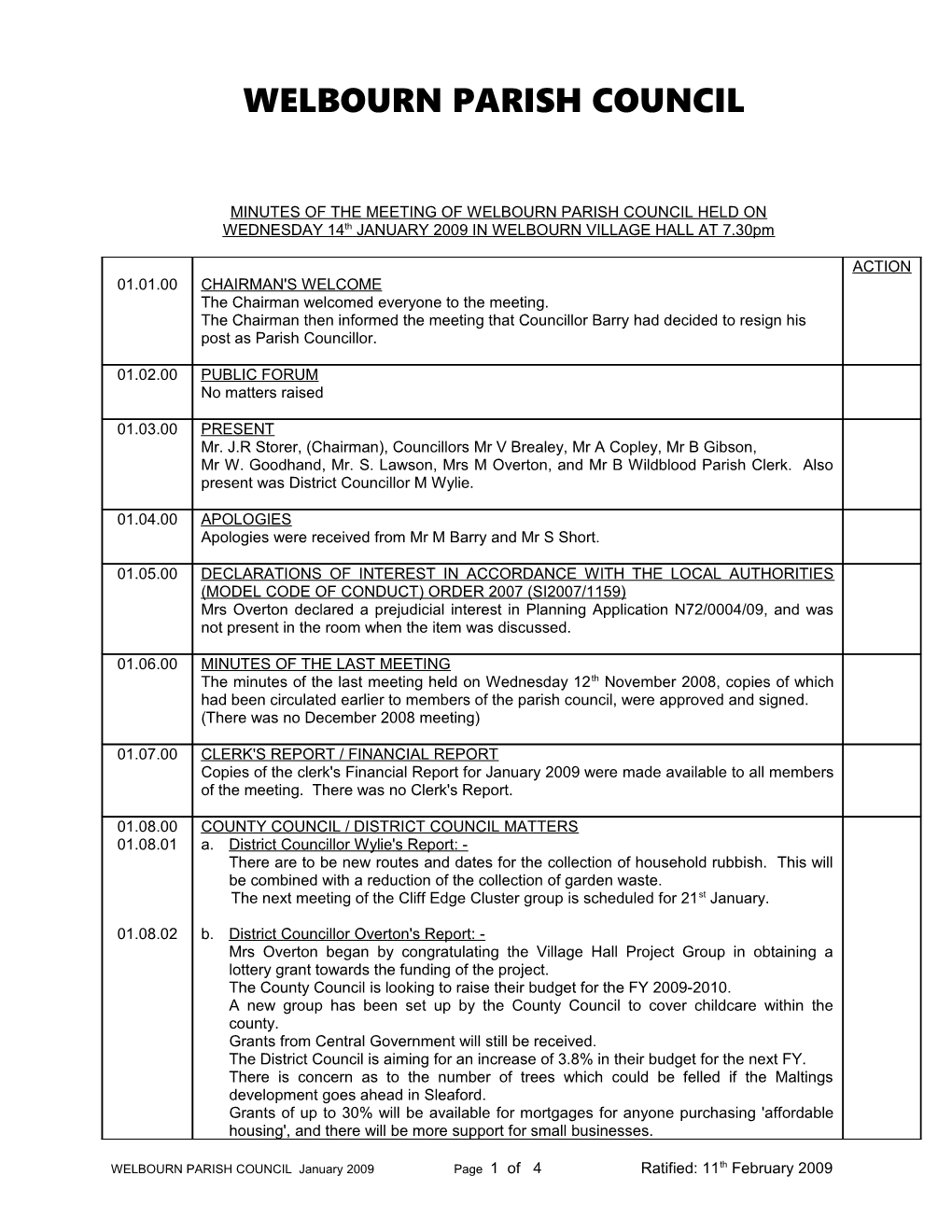 Minutes of the Meeting of Welbourn Parish Council Held On