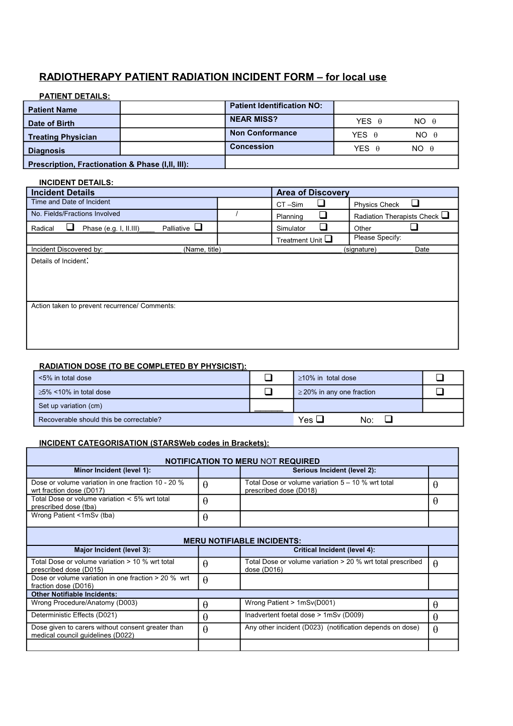 Radiotherapy Patient Radiation Incident Form