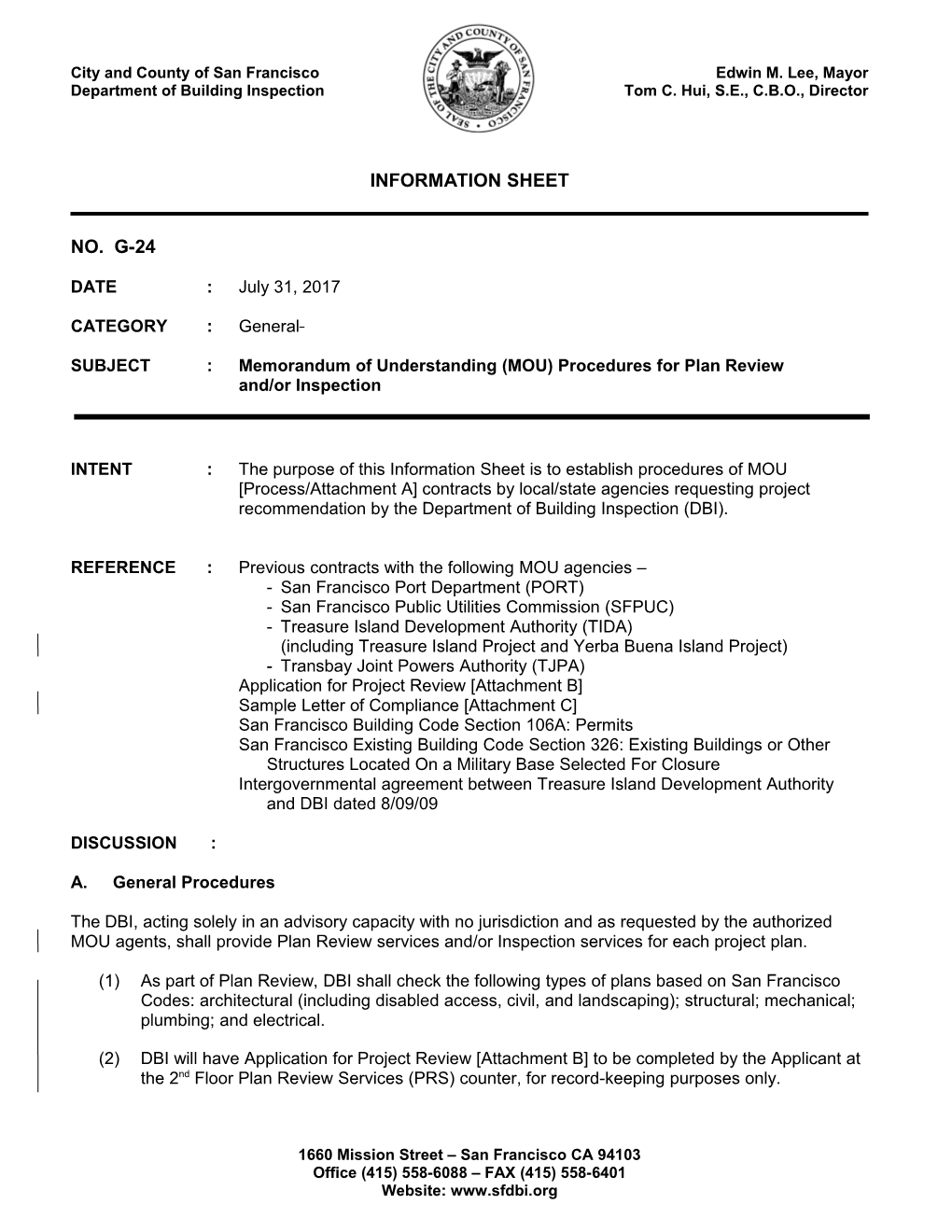 SUBJECT : Memorandum of Understanding (MOU) Procedures for Plan Review And/Or Inspection