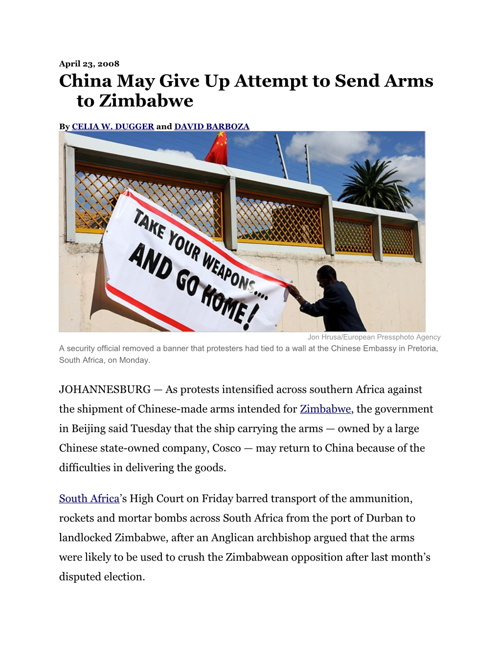 China May Give up Attempt to Send Arms to Zimbabwe