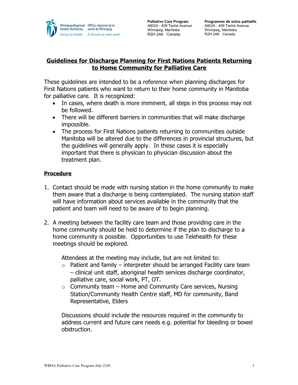 Guidelines for Discharge Planning for Aboriginal Patients Returning to Home Community For