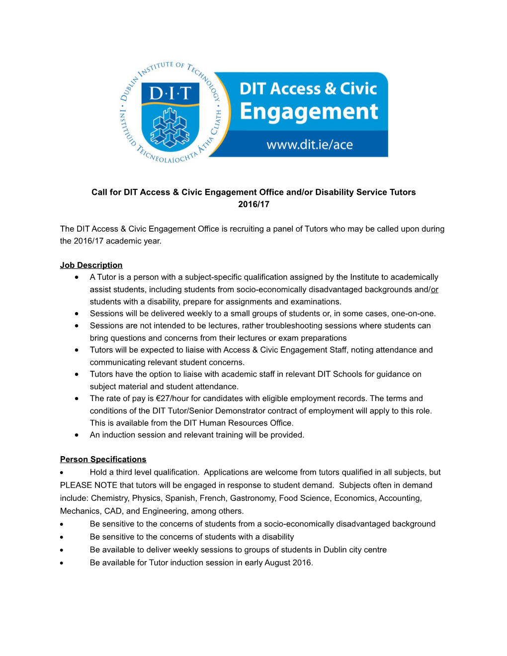 Call for DIT Access & Civic Engagement Office And/Or Disability Service Tutors