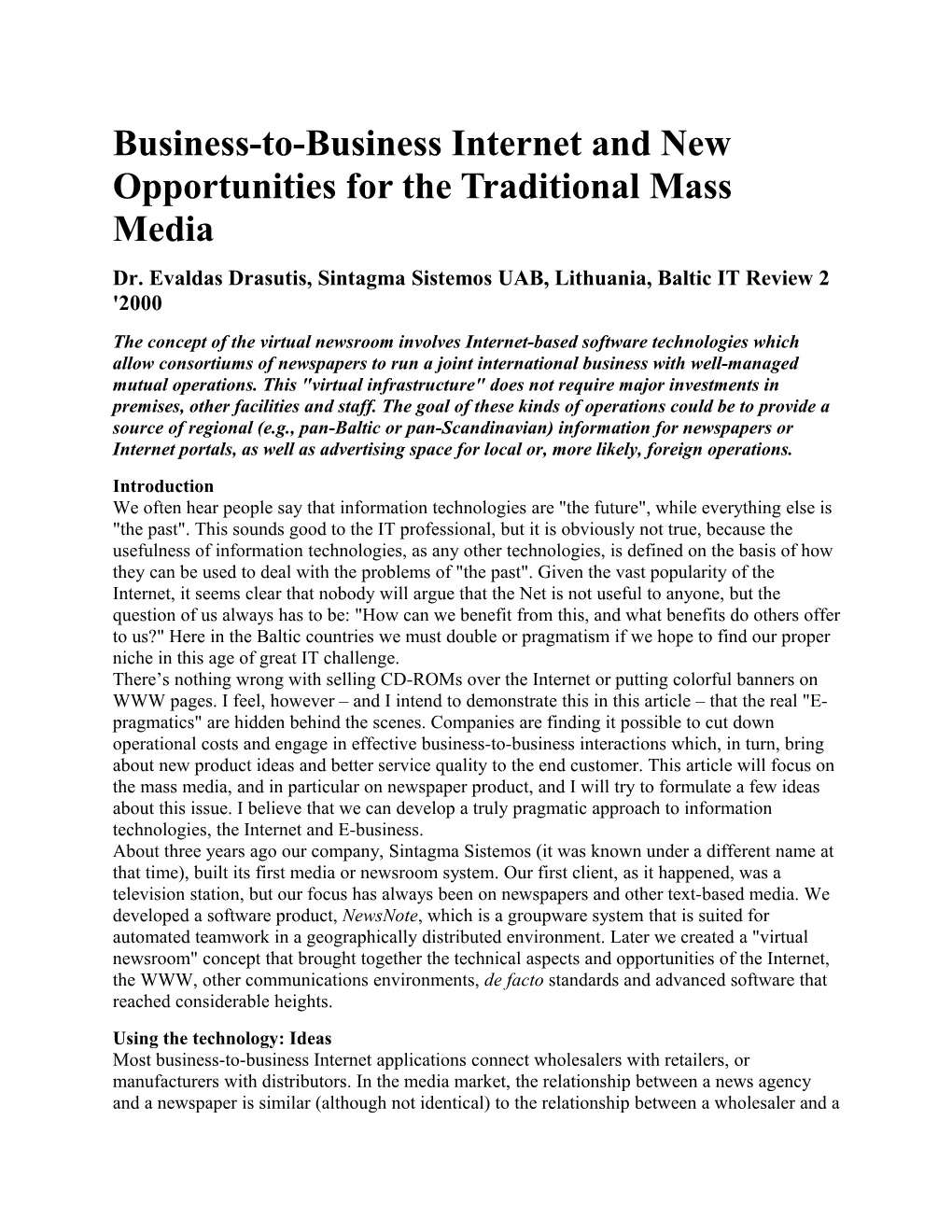 Business-To-Business Internet and New Opportunities for the Traditional Mass Media
