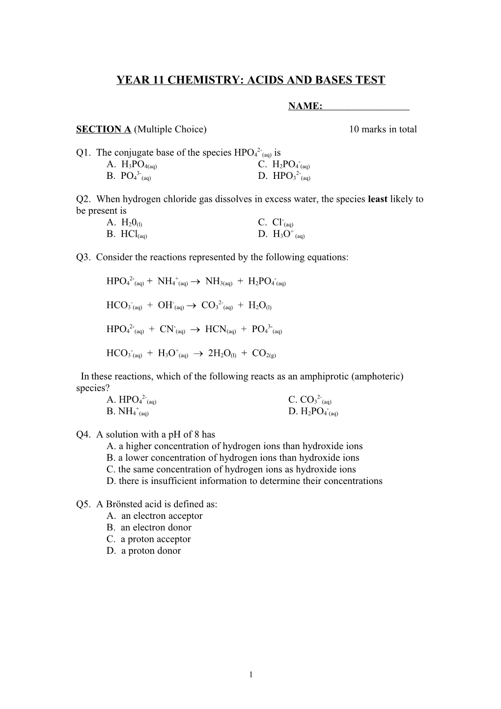 Year 11 Chemistry: Acids /Bases Test