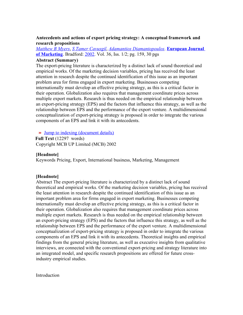 Antecedents and Actions of Export Pricing Strategy: a Conceptual Framework and Research