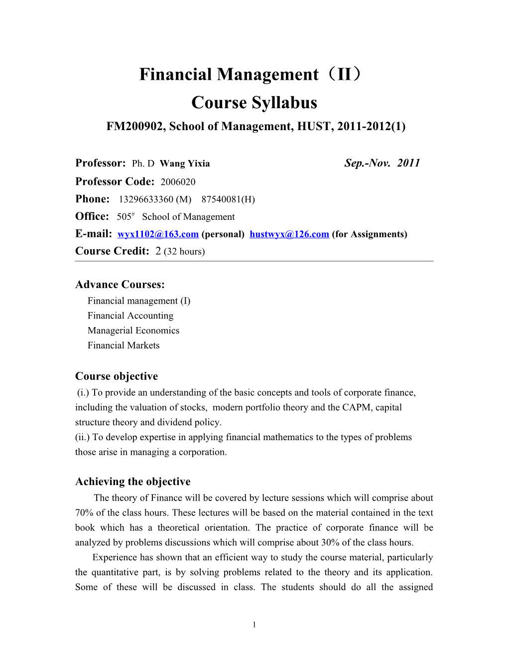 Course Outline Financial Analysis