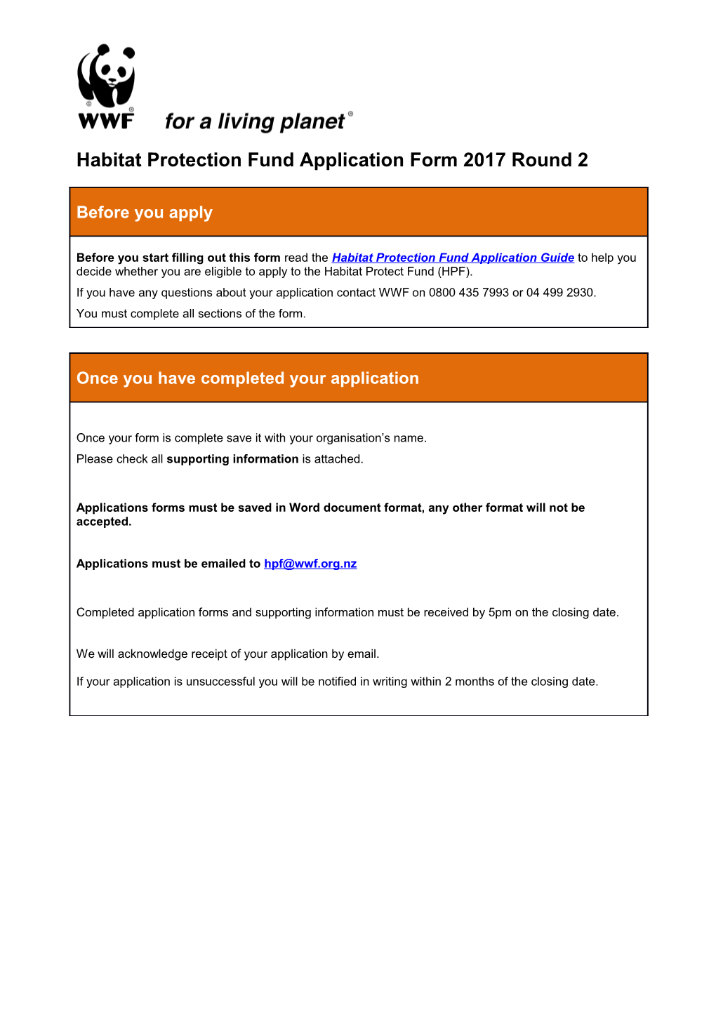 Habitat Protection Fund Application Form 2017 Round 2