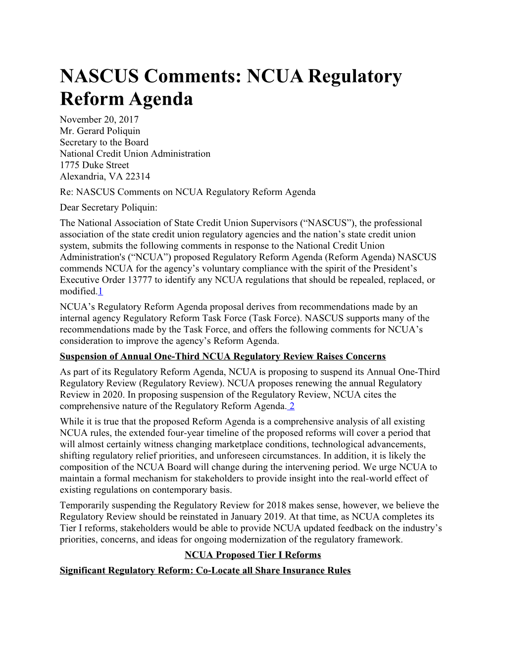 NASCUS Comments: NCUA Regulatory Reform Agenda