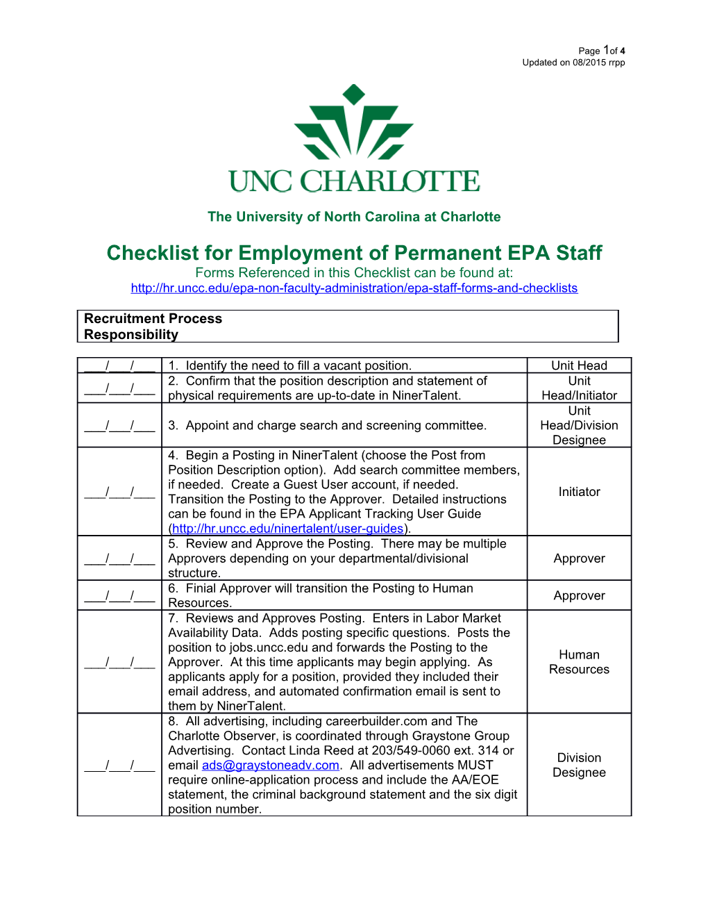 Checklist for Employment of Permanent EPA Staff