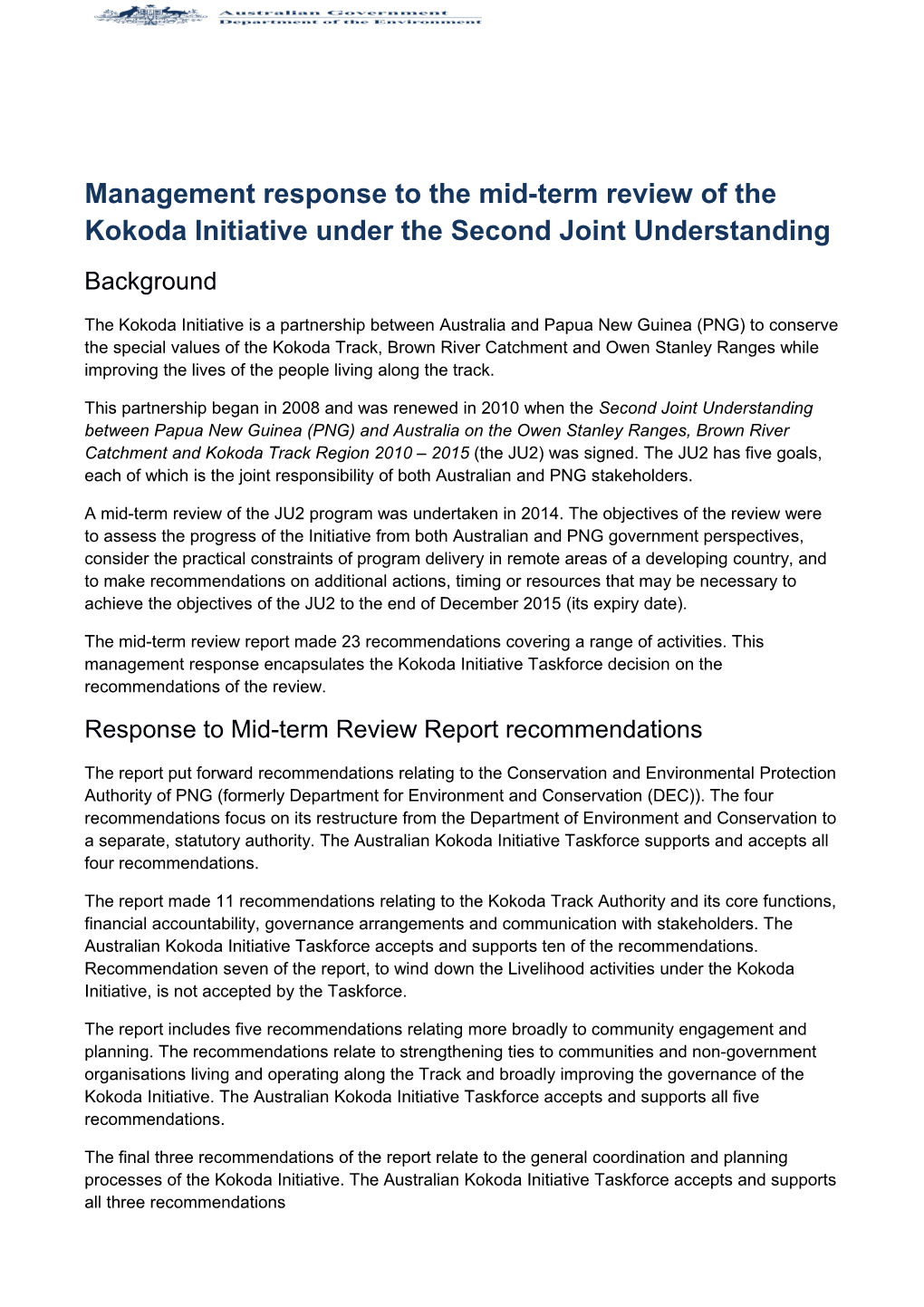 Management Response to the Mid-Term Review of the Kokoda Initiative Under the Second Joint