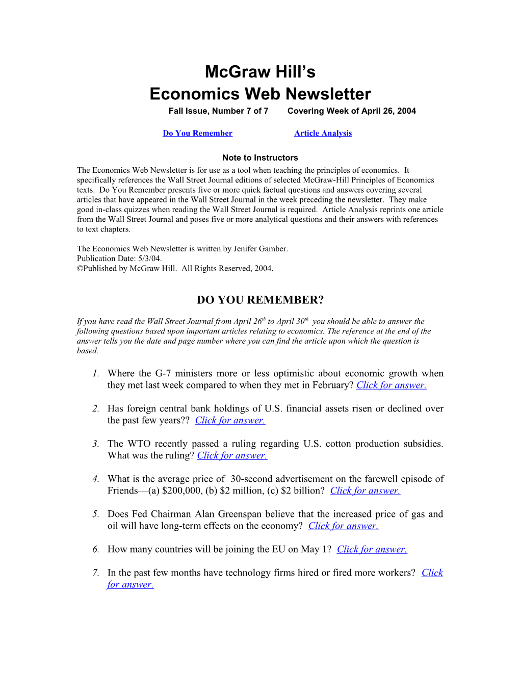 Economics Web Newsletter
