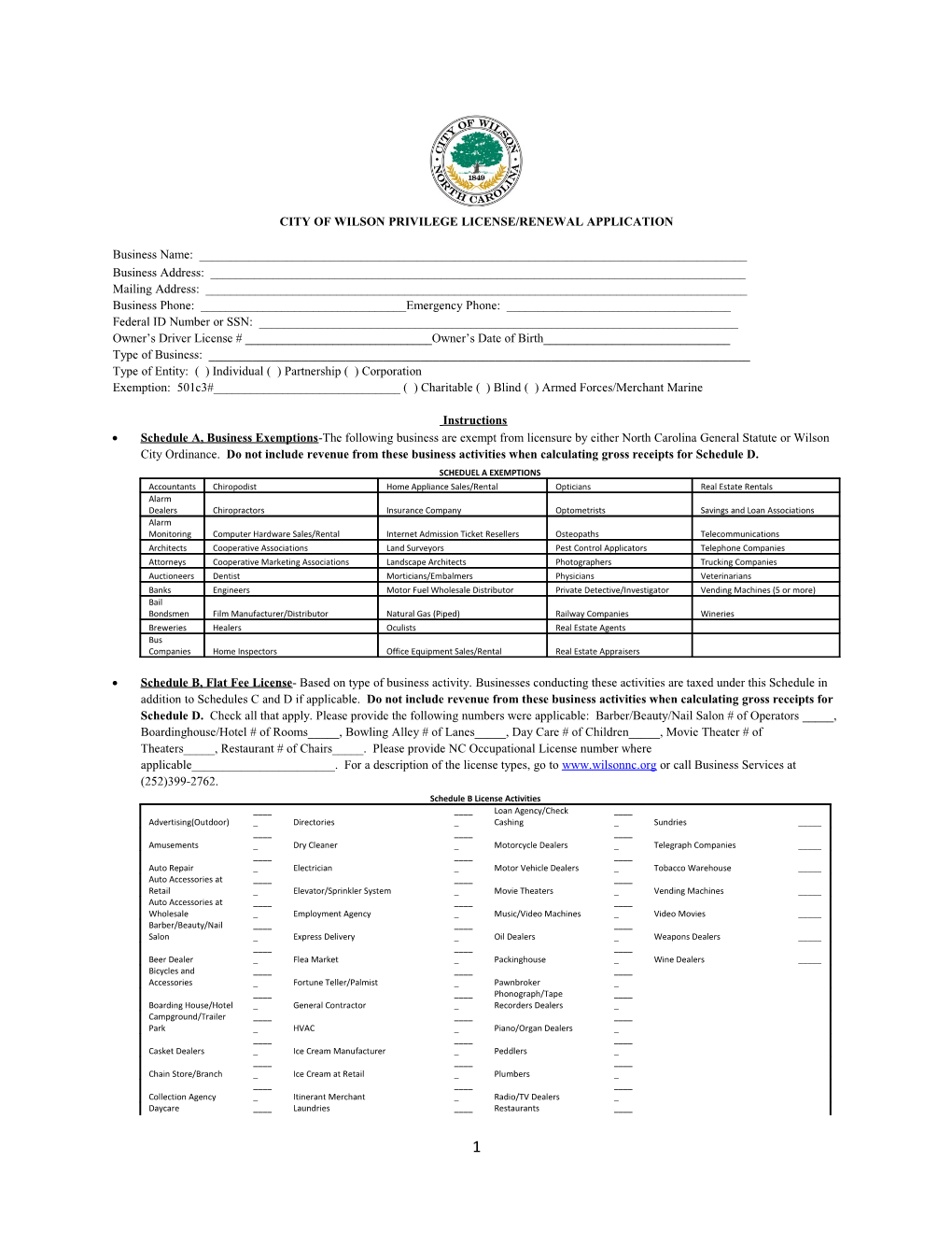 City of Wilson Privilege License/Renewal Application