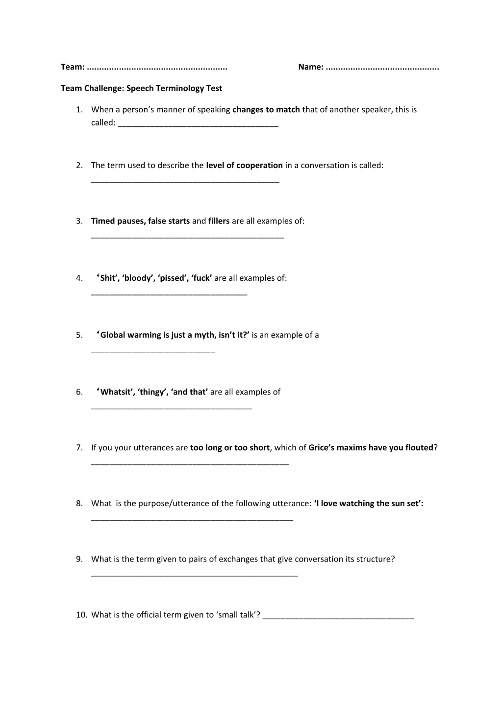 Team Challenge: Speech Terminology Test