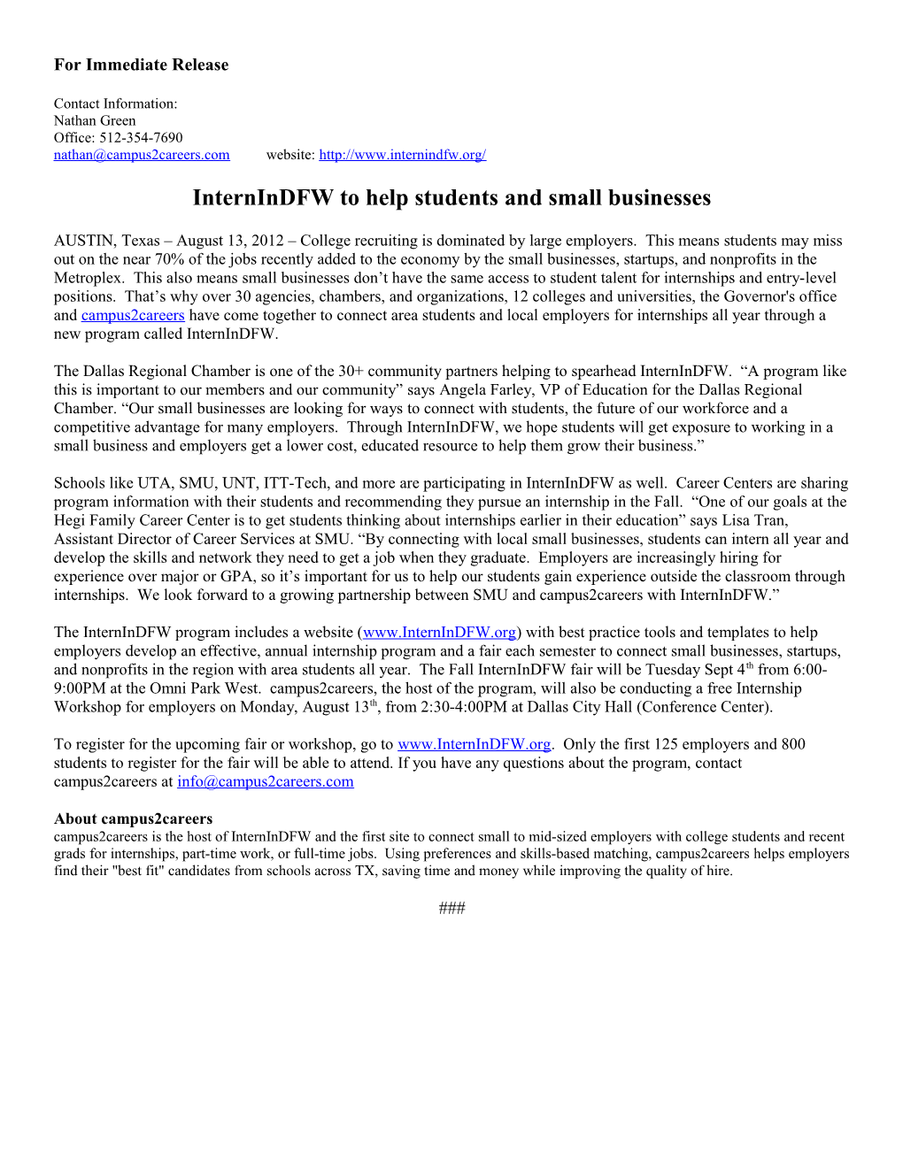 Internindfw to Help Students and Small Businesses