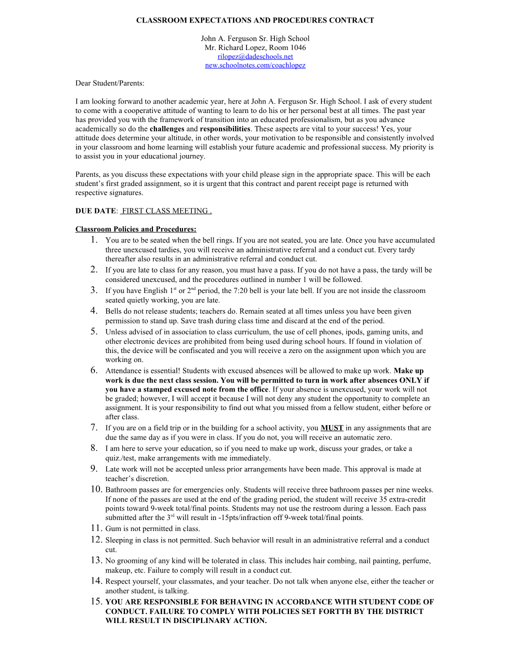 Classroom Expectations and Procedures Contract