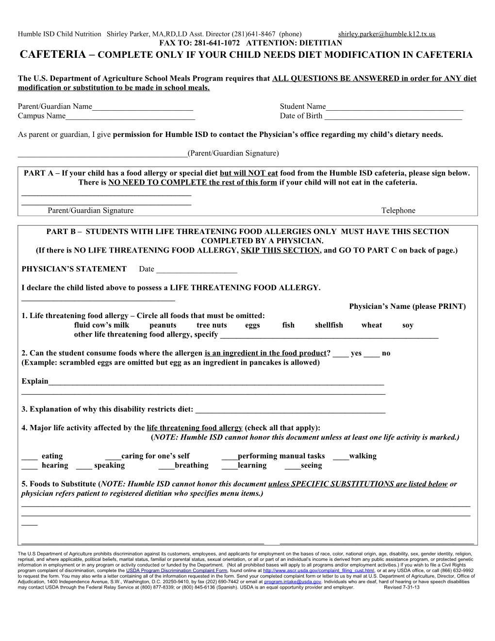 Please Use This Form for LIFE THREATENIG Food Allergies Only