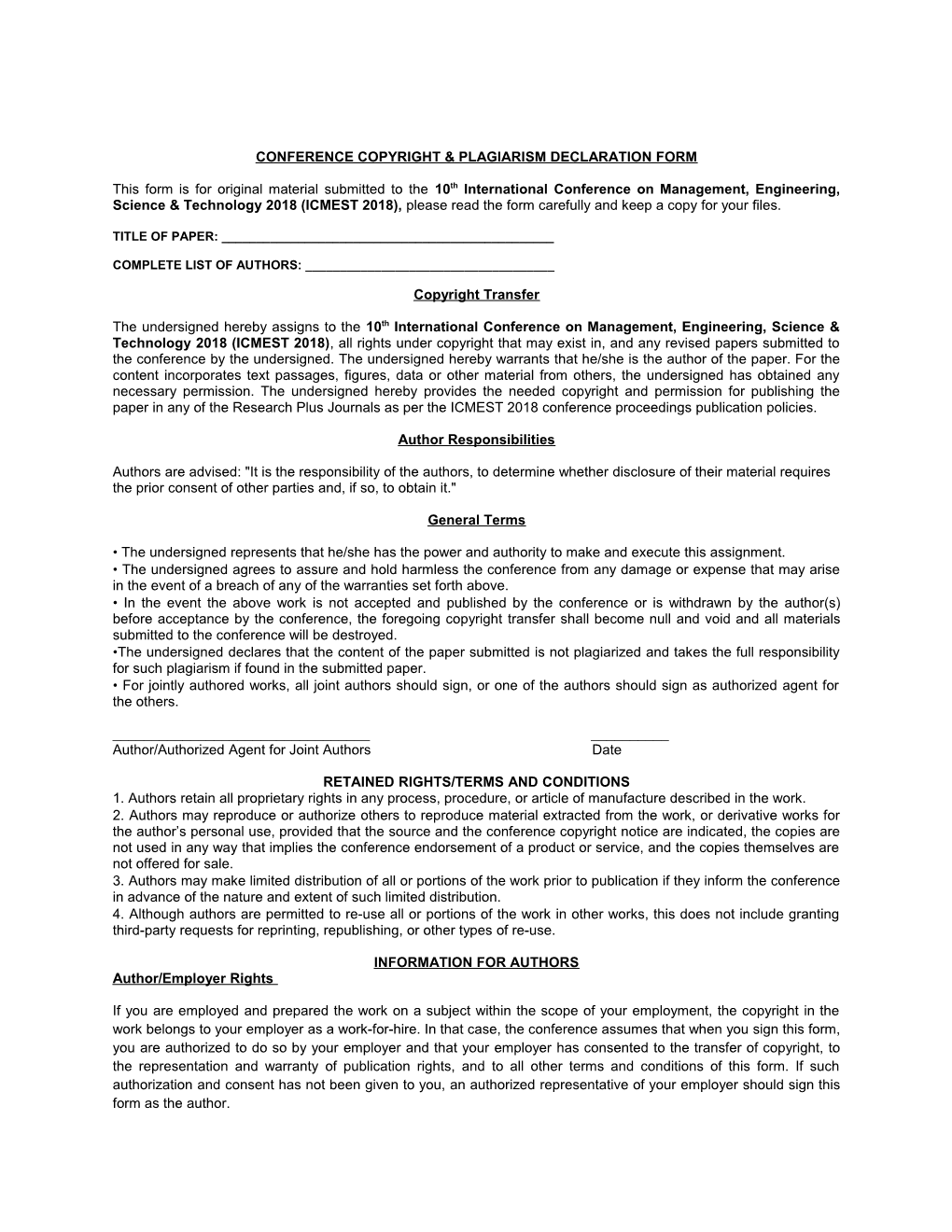 Conference Copyright & Plagiarism Declaration Form