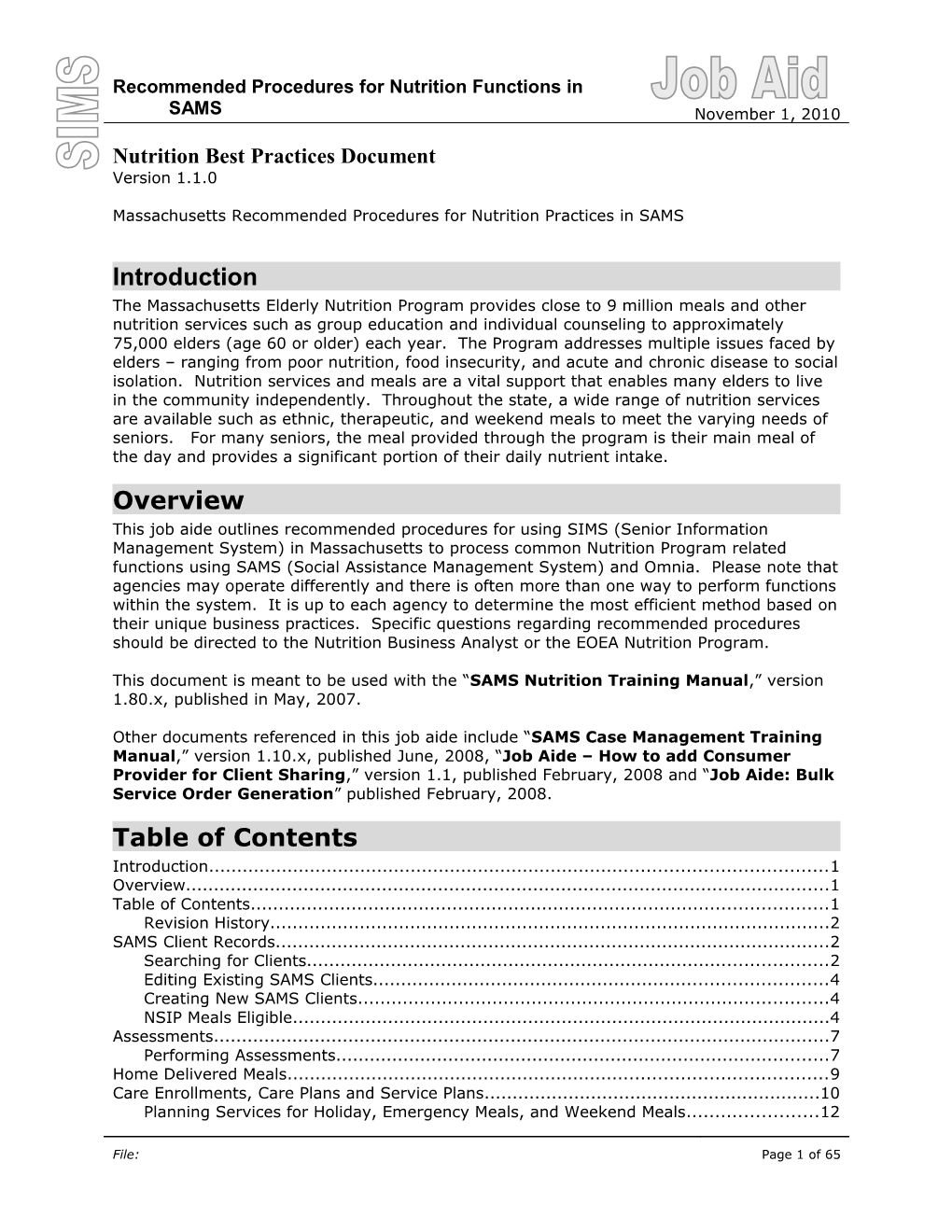 Recommended Procedures for Nutrition Functions in SAMS