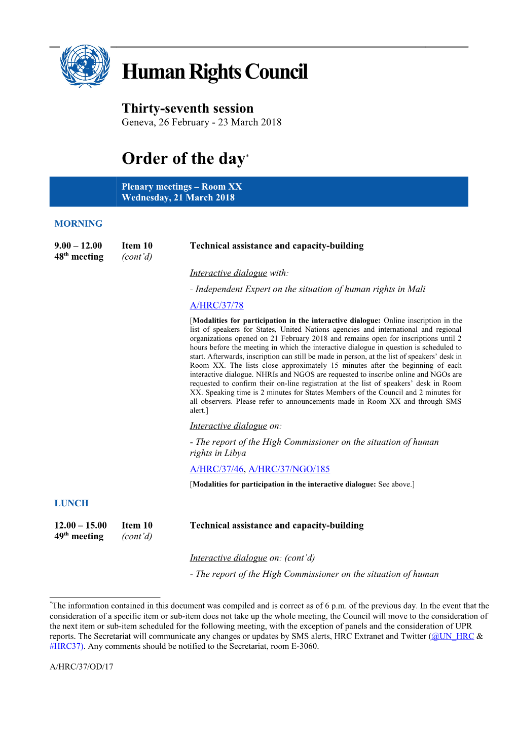 Order of the Day, Wednesday 21 March 2018