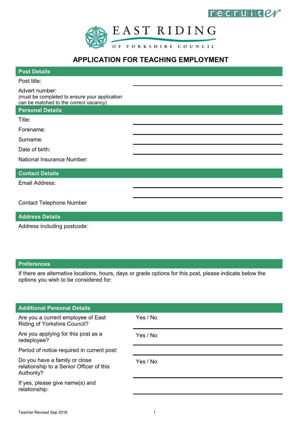 Application for Teaching Employment