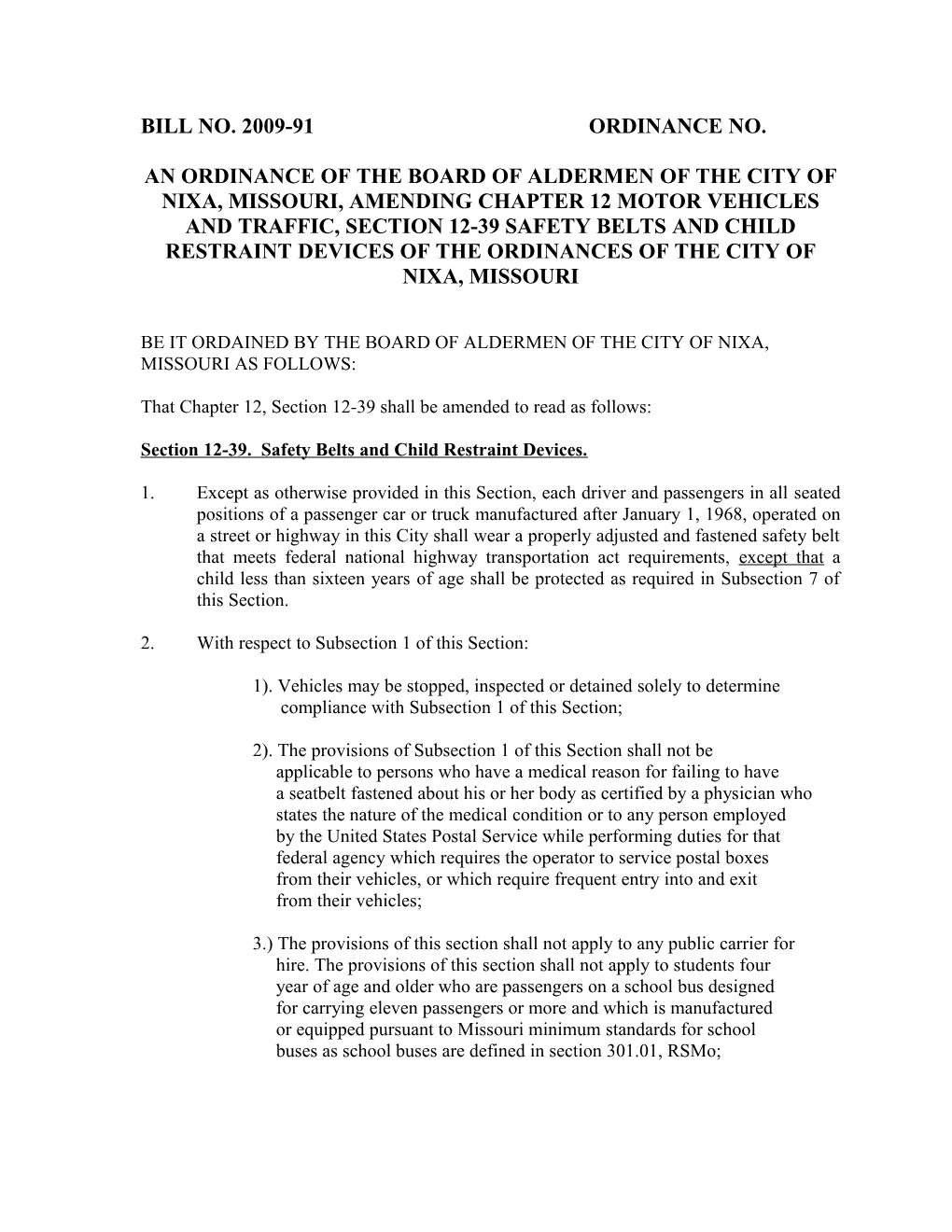 Bill No. 2009-91 Ordinance No