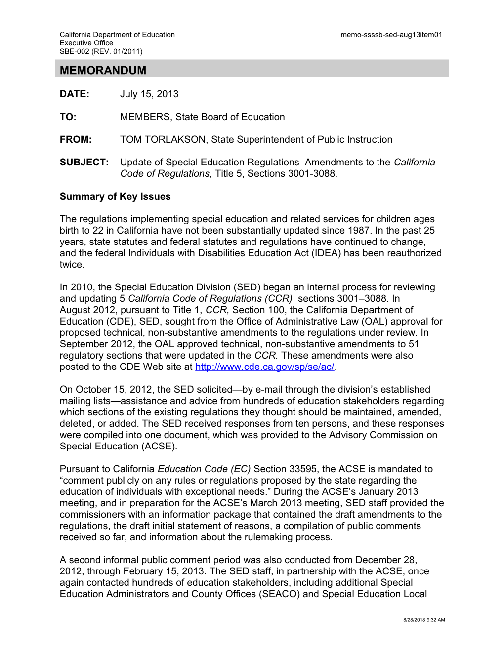 August 2013 Memorandum SSSSB SED Item 01 - Information Memorandum (CA State Board of Education)