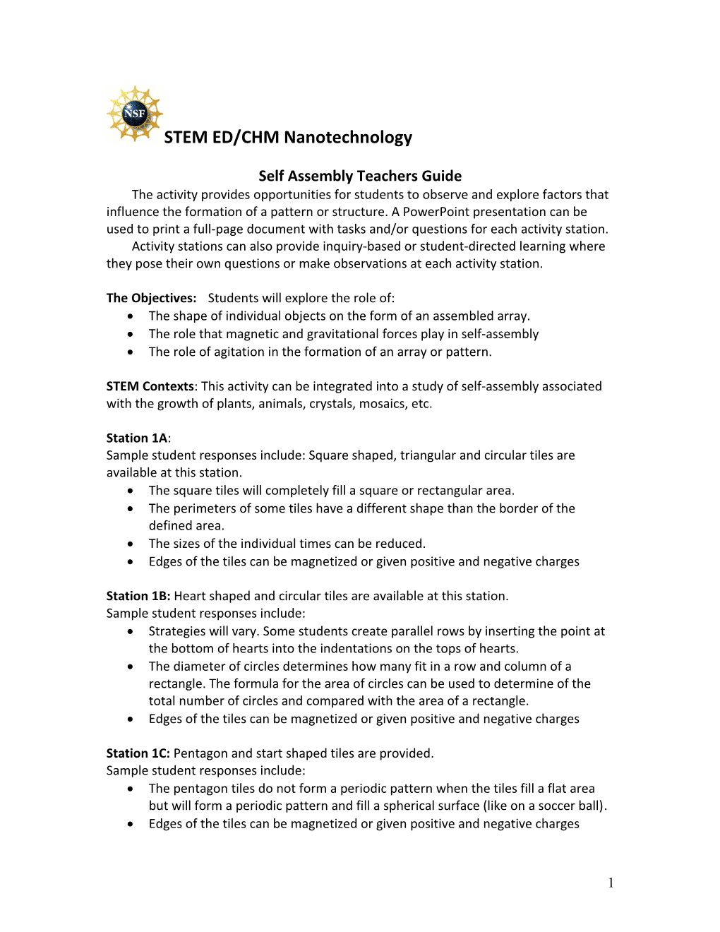 Self Assembly Teachers Guide