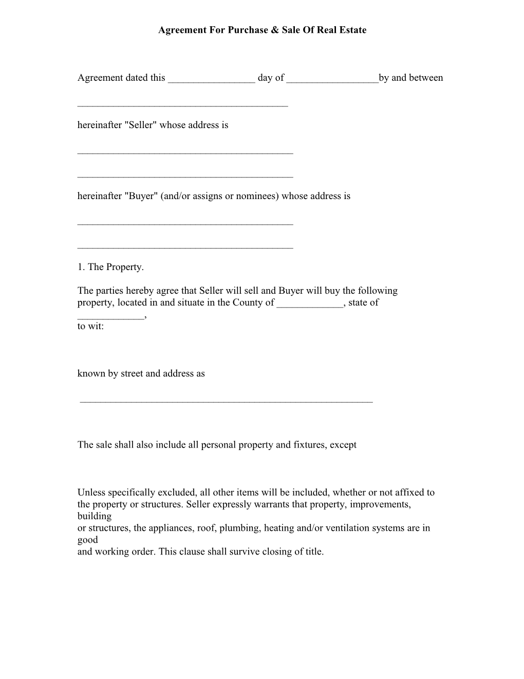 Agreement for Purchase & Sale of Real Estate