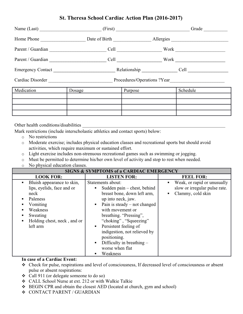 St. Theresa School Cardiac Action Plan (2016-2017)