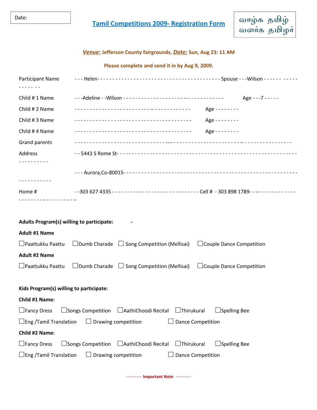 Tamil Competitions 2009- Registration Form