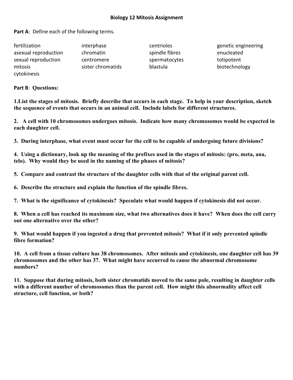 Biology 12 Mitosis Assignment