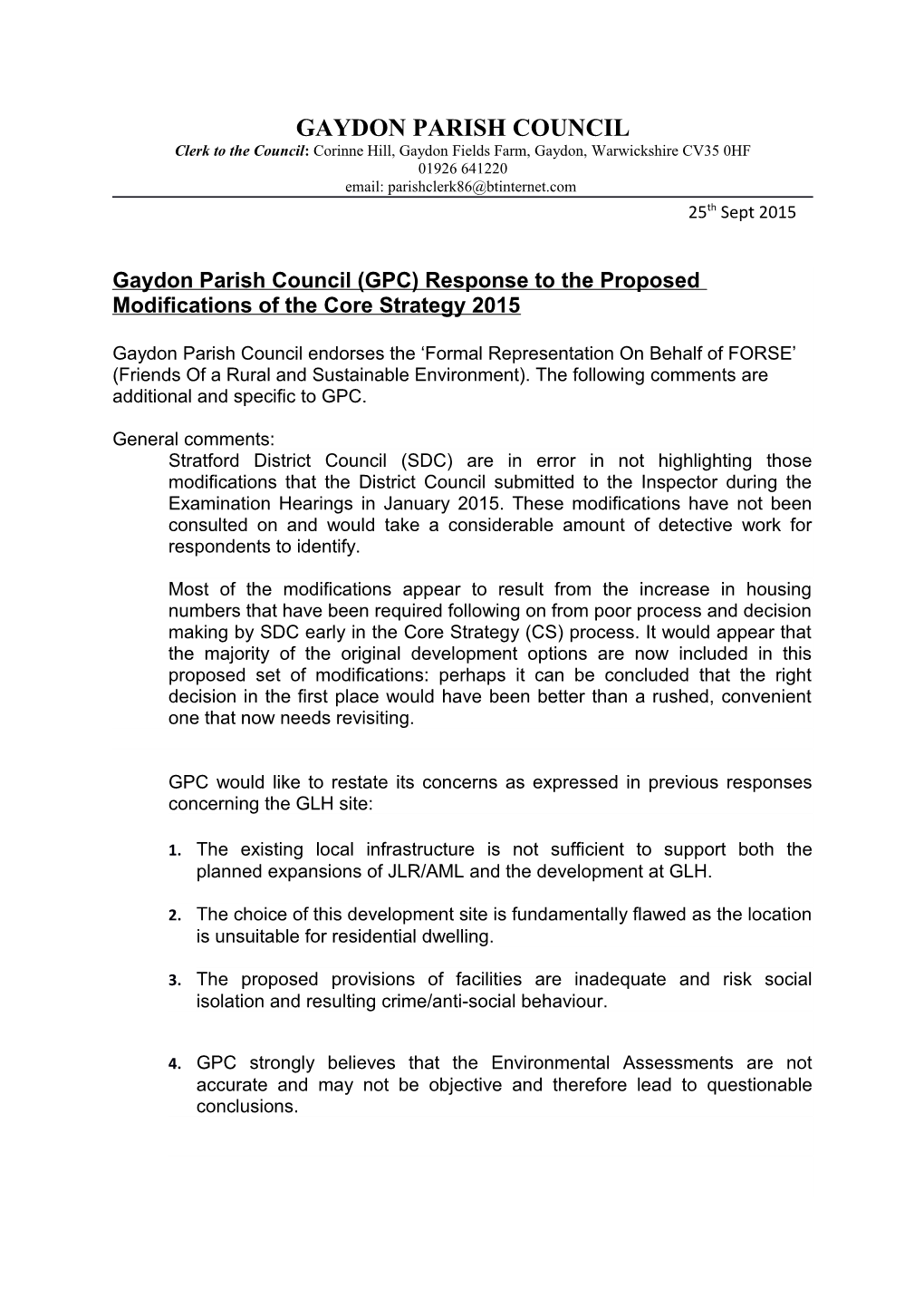 Gaydon Parish Council (GPC) Response to the Proposed Modifications of the Core Strategy 2015