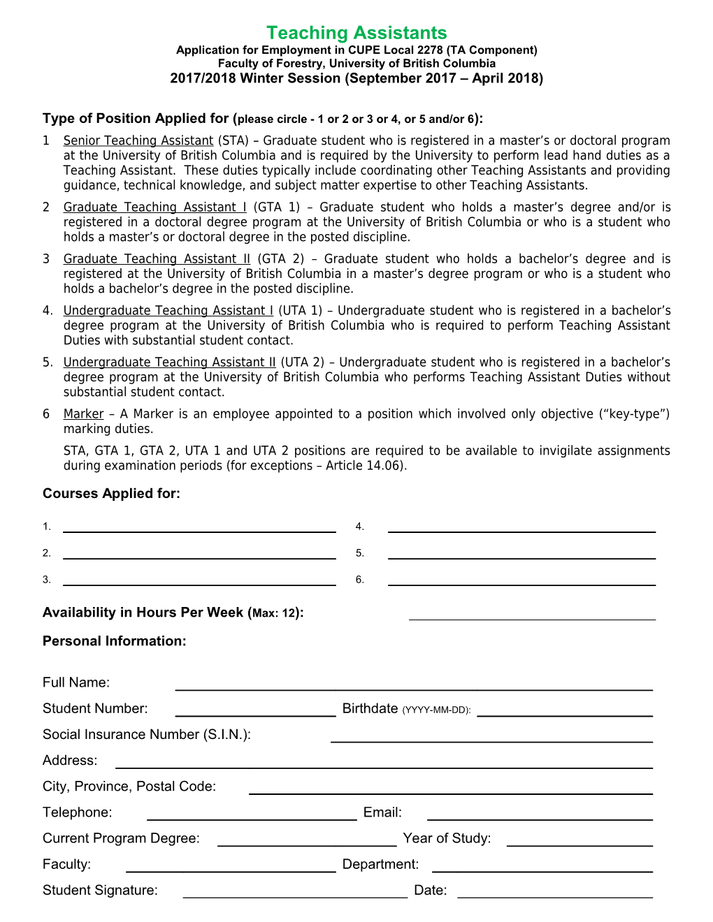 Application for Employment in CUPE Local 2278