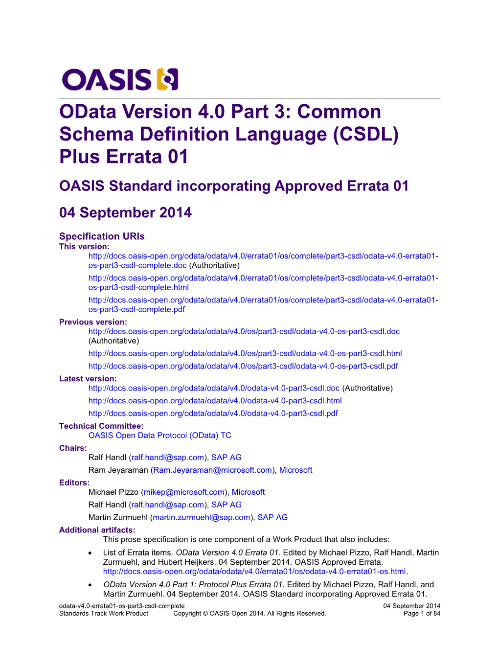 Odata Version 4.0 Part 3: Common Schema Definition Language (CSDL) Plus Errata 01