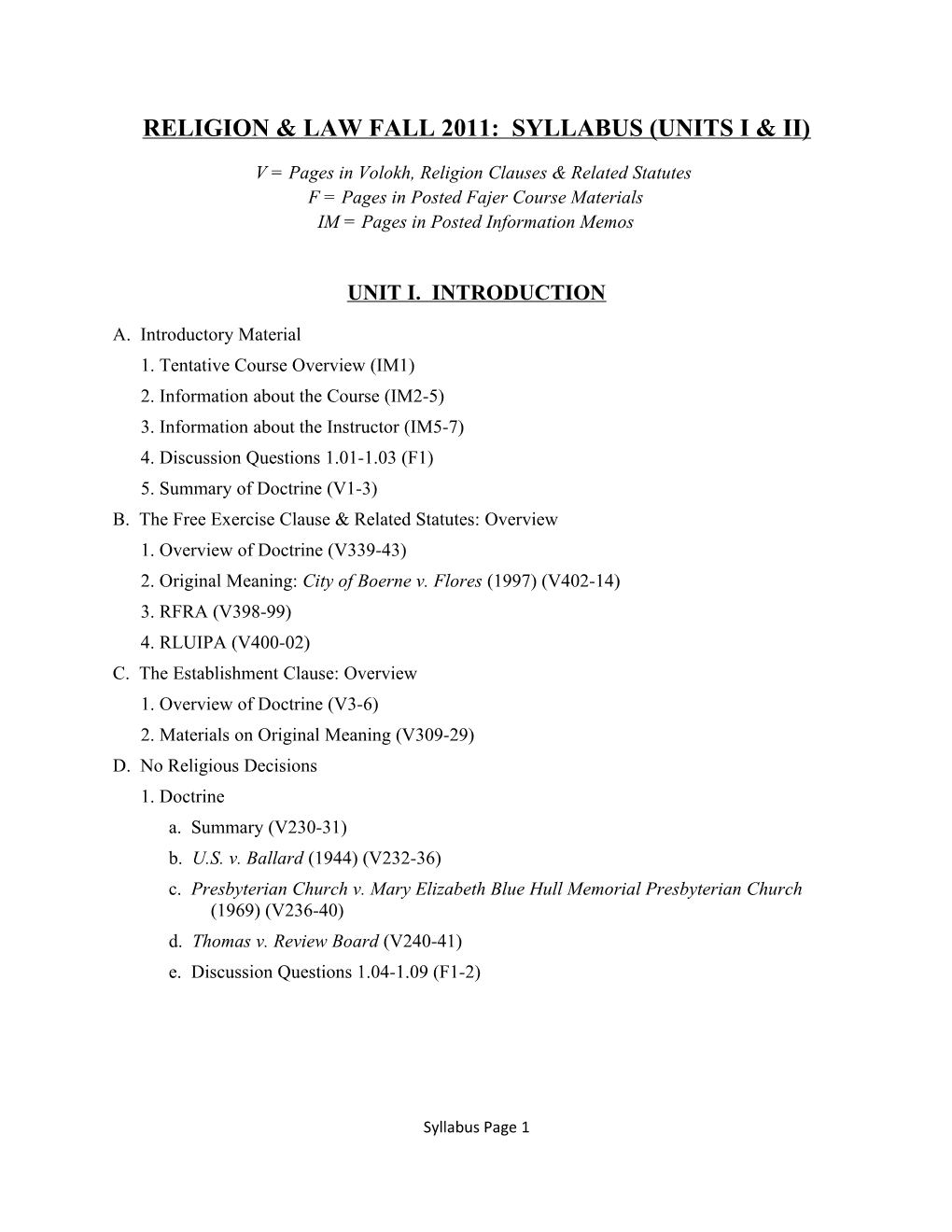 Religion & Law Fall 2011: Syllabus (Units I & Ii)