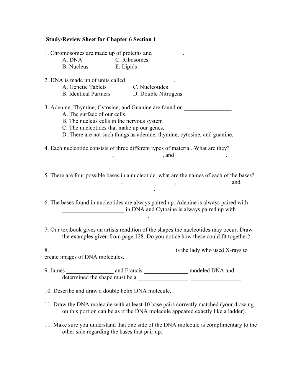 Study/Review Sheet for Chapter 6 Section 1