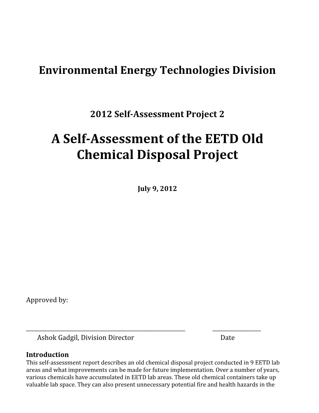 Environmental Energy Technologies Division Old Chemical Disposal Self-Assessment