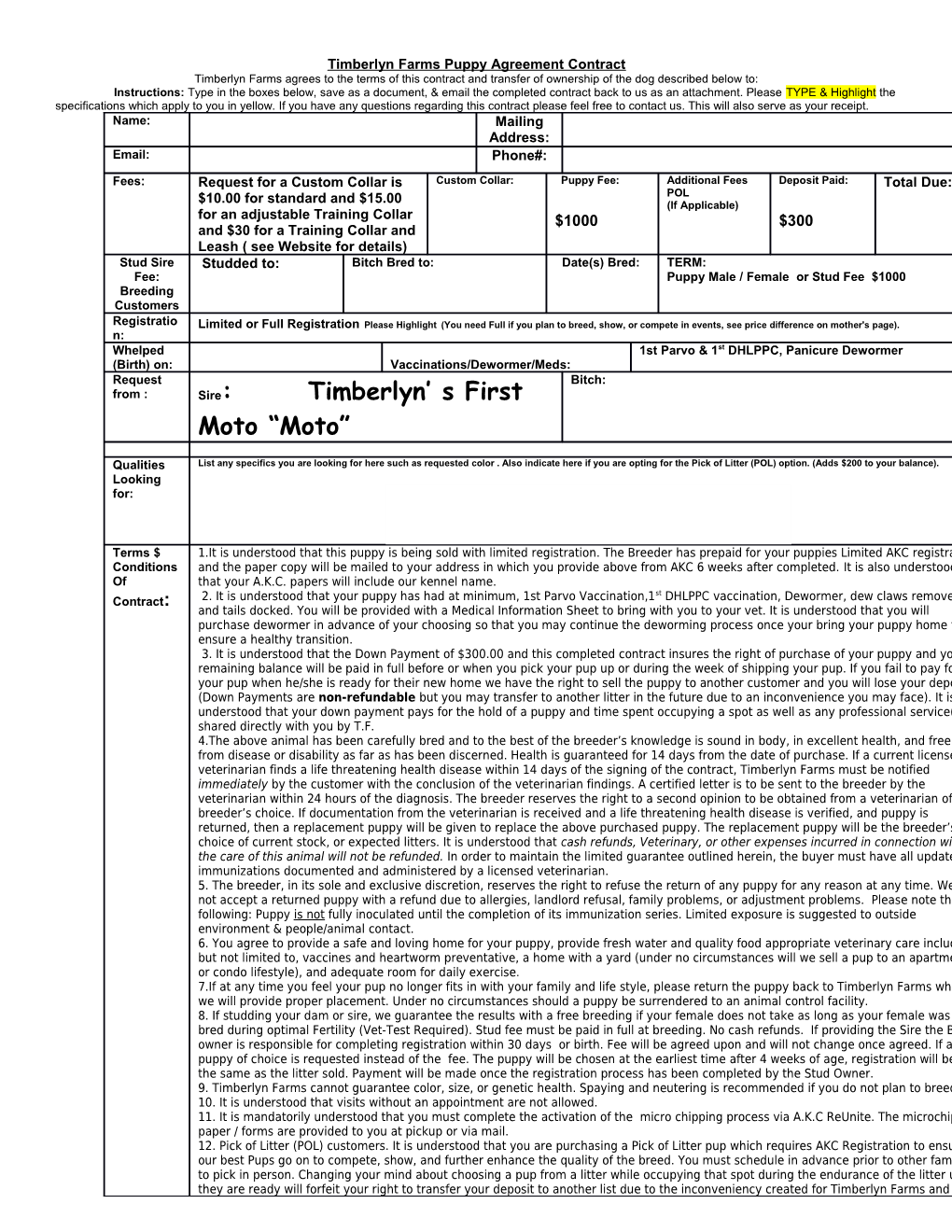 Timberlyn Farms Puppy Agreement Contract