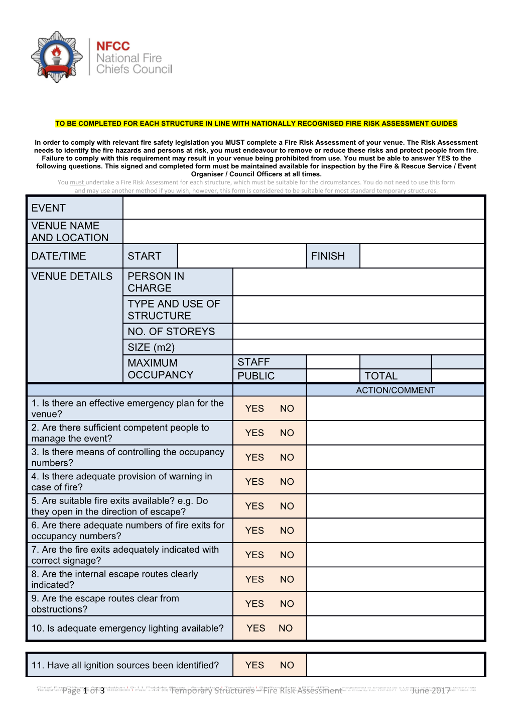 To Be Completed for Each Structure in Line with Nationally Recognised Fire Risk Assessment