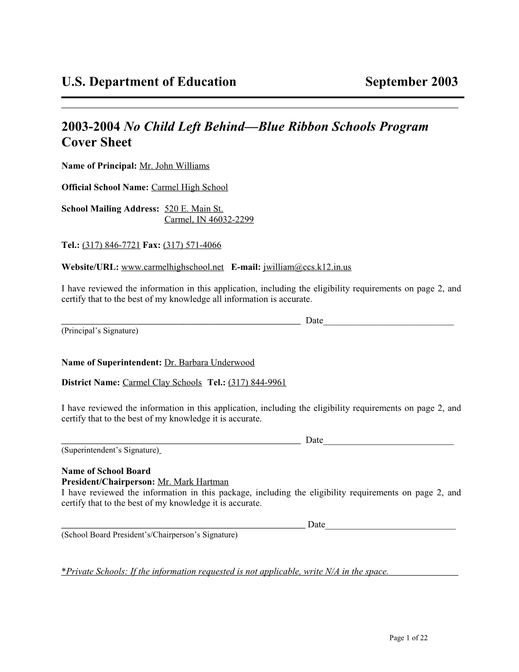 Carmel High School 2004 No Child Left Behind-Blue Ribbon School Application (Msword)