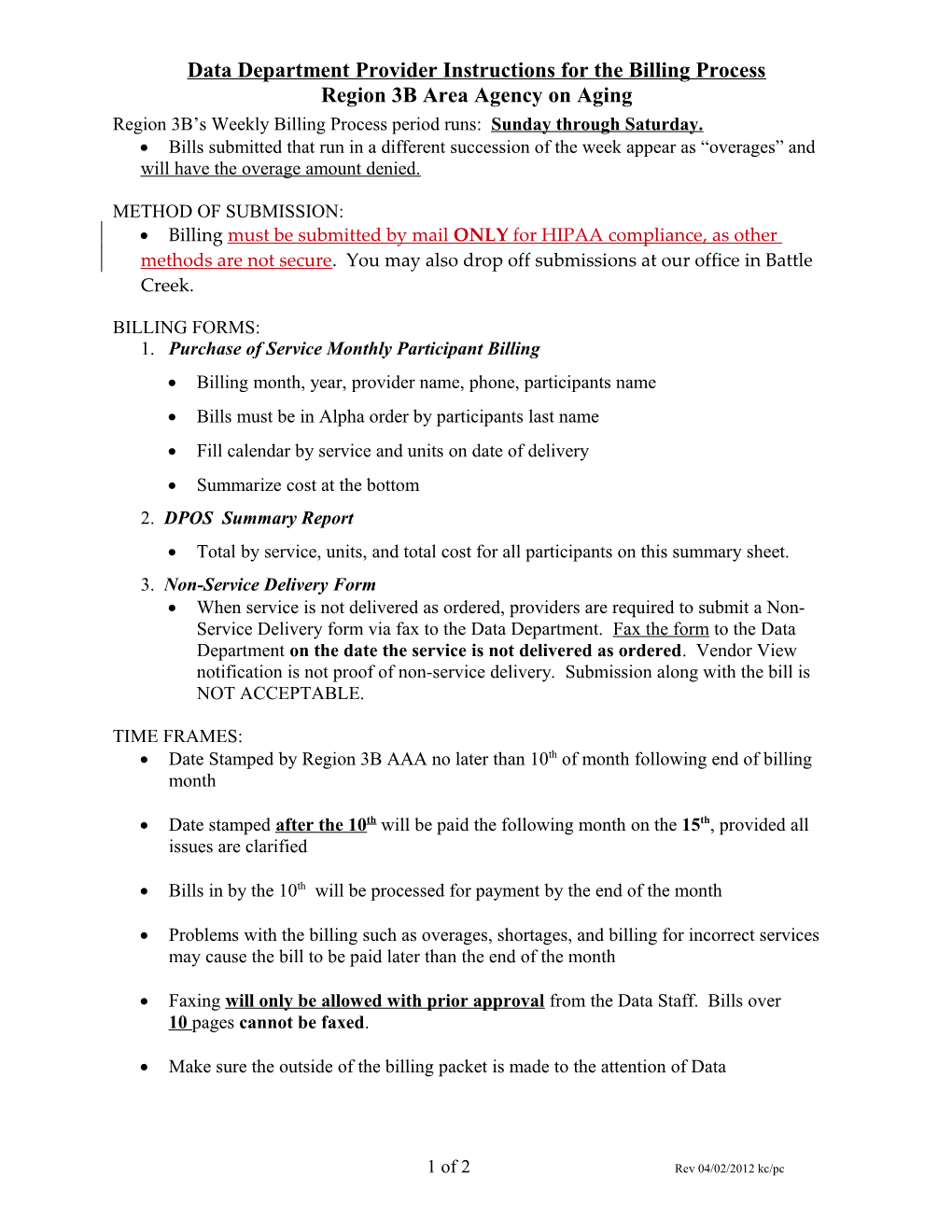 Data Department Provider Instructions for the Billing Process