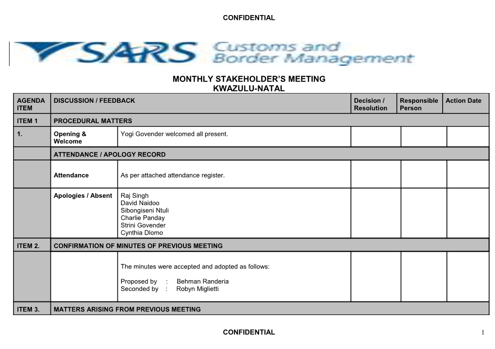 Monthly Stakeholder S Meeting