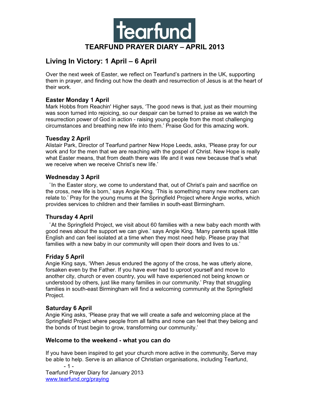 The Tearfund Prayer Diary for January 2012