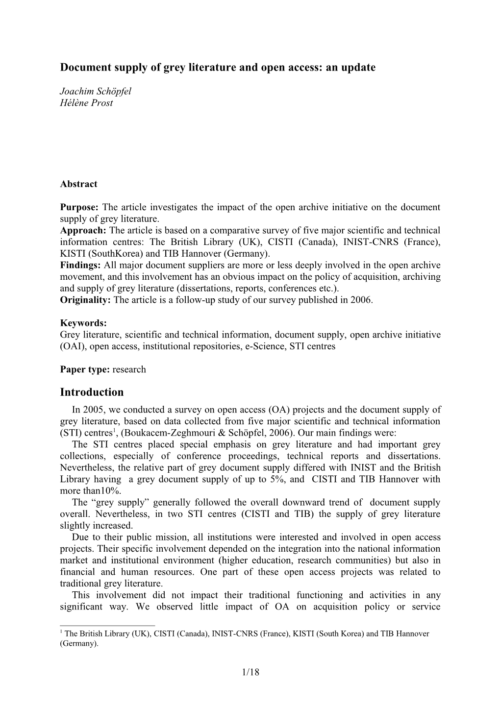 Document Supply and Open Access: an International Survey on Grey Literature