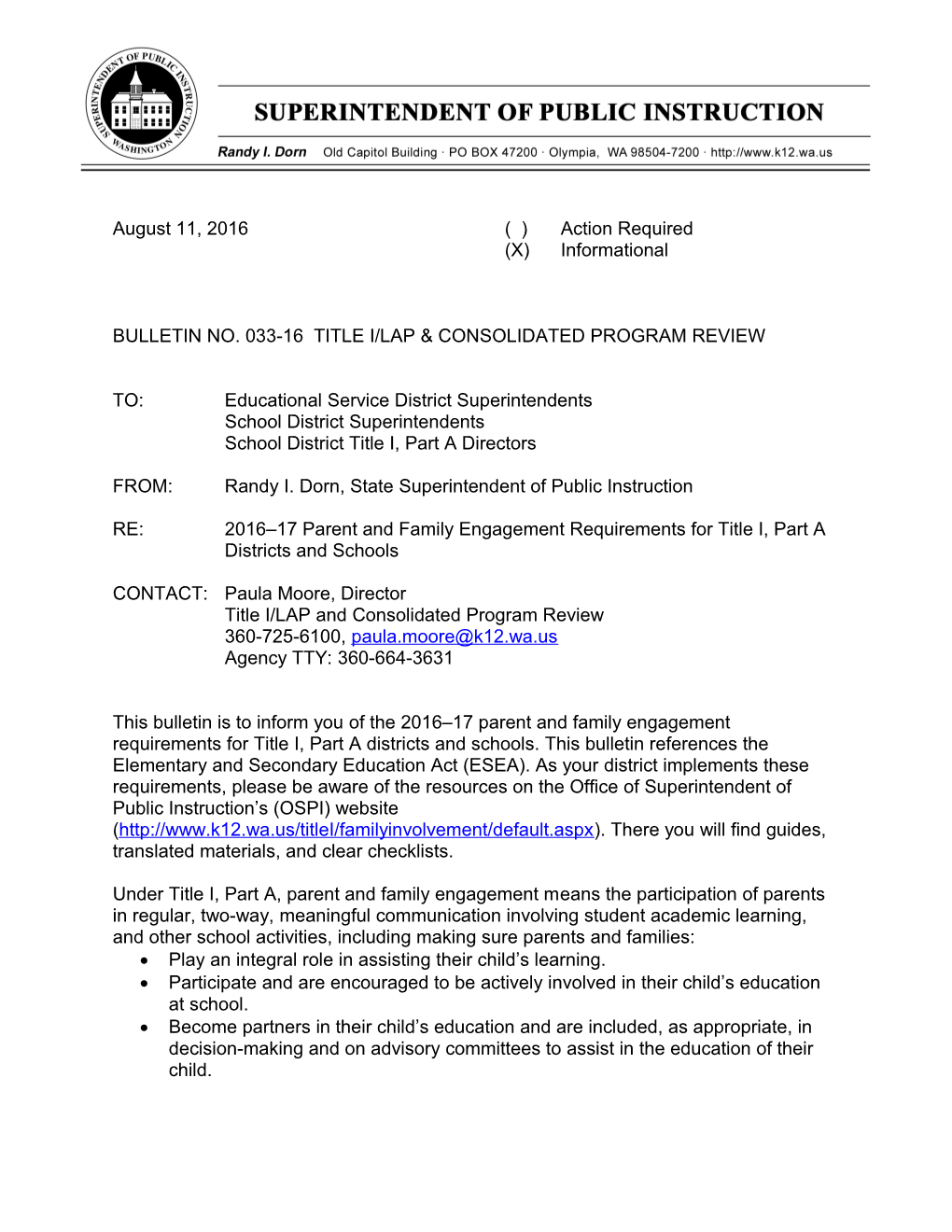 Parent Involvement Requirements for Title I, Part a Districts and Schools September 2011