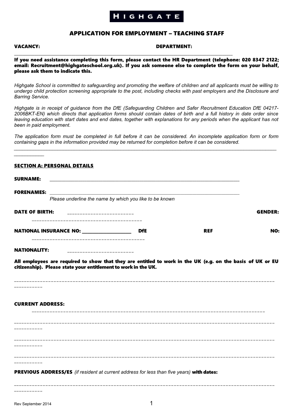 Application for Employment Teaching Staff