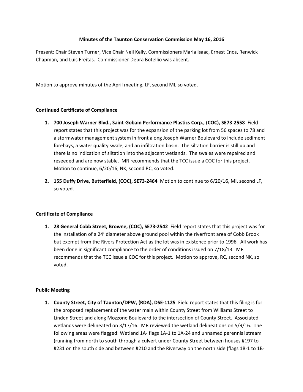 Minutes of the Taunton Conservation Commission May 16, 2016